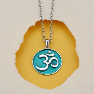 Om Sign Medallion: Sterling Silver Green Enamel Pendant Necklace