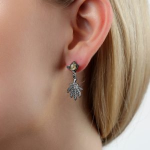 Sterling Silver Marijuana Leaf Dangle Earrings for Women | Yellow Tourmaline Gemstone | Handmade Jewelry