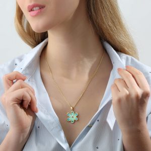 Sterling Silver & Green Enamel Flower Pendant Necklace | Unique Handmade Jewelry for Women