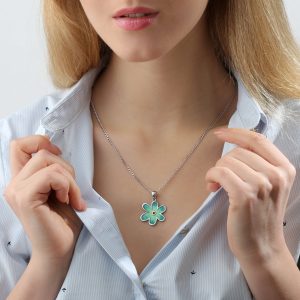 Sterling Silver & Green Enamel Flower Pendant Necklace | Unique Handmade Jewelry for Women