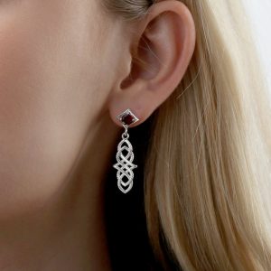 Sterling Silver Celtic Dangle Earrings for Women | Garnet Gemstone | Handmade Jewelry