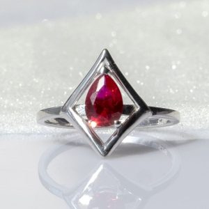 Ruby Ring | 7×5 mm Pear Cut Lab Grown Ruby Ring | High Quality Rhodium Filled Sterling Silver | Fine Jewelry for Women