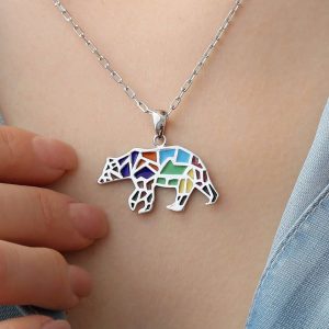 Silver Bear Necklace | Colorful Fine Enamel Sterling Silver Pendant and Chain | Unique Handmade Jewelry for Women and Girls