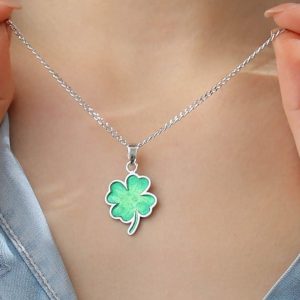 Green Enamel Four-Leaf Clover: Sterling Silver Pendant Necklace