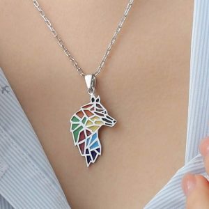 Sterling Silver & Colorful Enamel Origami Wolf Pendant Necklace | Unique Handmade Jewelry for Women